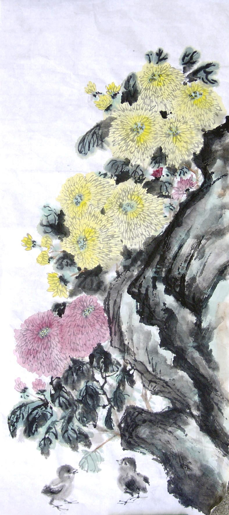 Chinese brush painting of chrysanthemums and birds by I-Chung Chiang